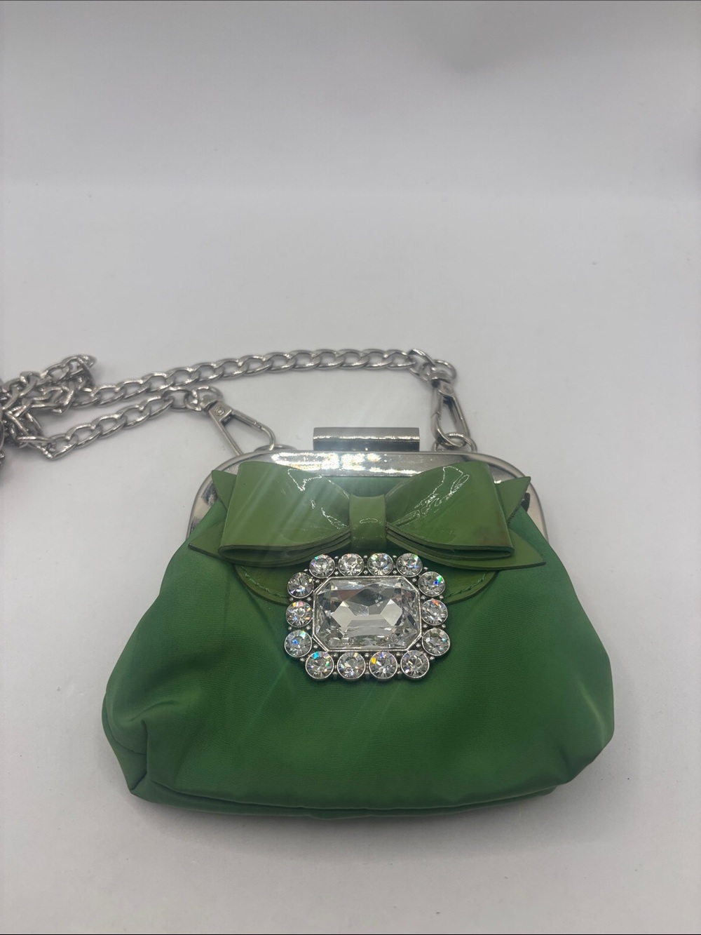 My Flat in London Green Bow Accent Crossbody Bag w/Crystal Brooch Stone Dressy